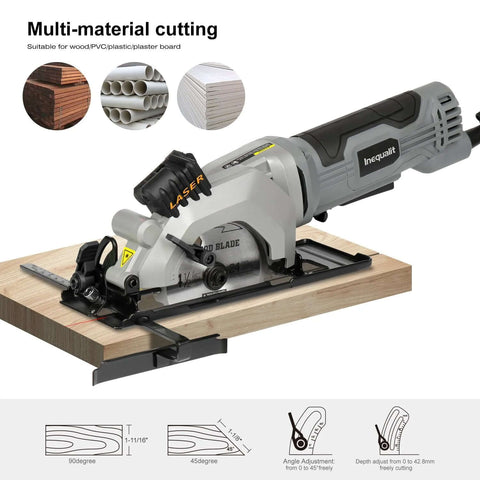 Inequalit mini circular saw, corded 4A 3500RPM with 4-1/2 in. 24T blade and laser guide on wood workbench.