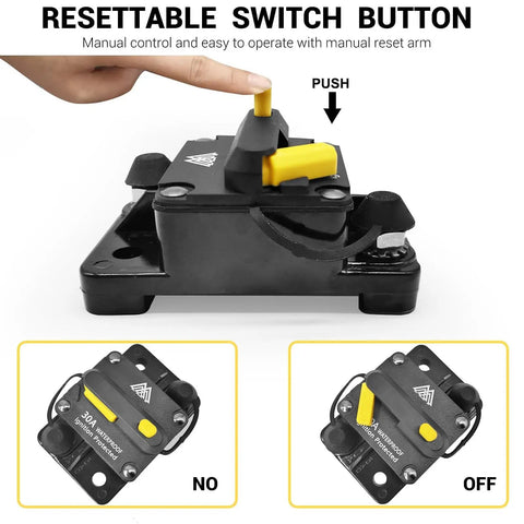 Rock Solid 30 Amp Circuit Breaker Fuse Inline Holder with reset switch button for manual control in black, ideal for marine use.