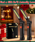 Rechargeable LED Magnetic Work Light With 360 Degree Rotation And 5 Modes, shown packaged and unboxed with gifts in the background.