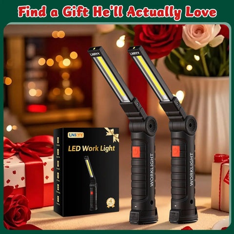 Rechargeable LED Magnetic Work Light With 360 Degree Rotation And 5 Modes, shown packaged and unboxed with gifts in the background.