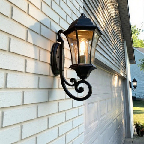 Large Bronze Aluminum Outdoor Wall Light Fixture For Porch And Exterior Doors Old School Lantern Sconce With Clear Seeded Glass