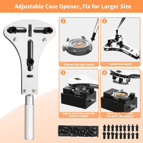 Adjustable case opener from Deluxe 155 Piece Watch Repair Kit With Carrying Case Pro Grade Do It All Tools For Battery Replacement