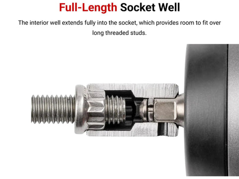 Close-up of threaded stud inside Full-Length Socket Well from One Quarter Inch Drive Shallow And Deep Twelve Point Impact Socket Set