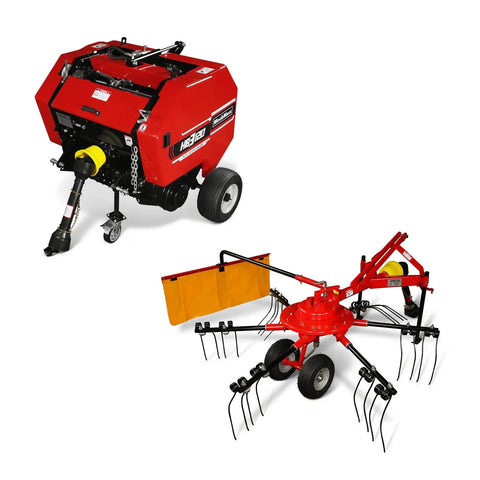 Hay Baler And Hay Rake Tedder Combo HB3120 HT100 Pro Grade Setup with Auto Tie, Hydraulic Ejection, Compact Design