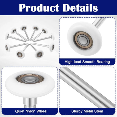 Product details of Quiet Nylon Garage Door Rollers 10 Pack 1.8 Inch Wheels With 4.7 Inch Stems showing wheels and metal stem close-up