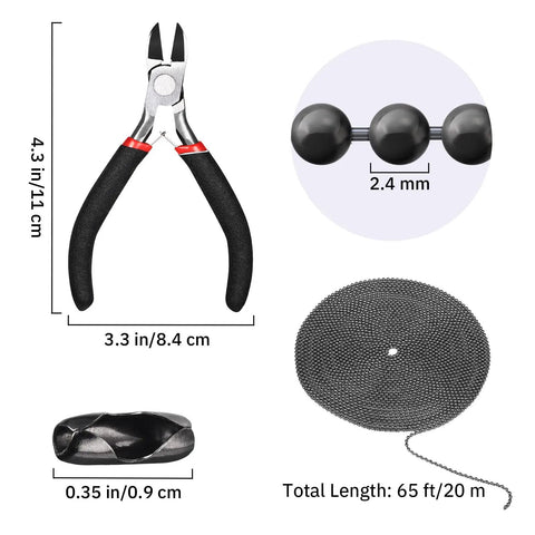 65 Ft Ball Bead Chain Roll In Black With 40 Ball Connectors And Pliers For Necklace Hanging Ornaments Key Chains Dog Tags And Pet Tags Easy Cuttable 2 4mm Bead Link DIY Craft Kit, black chain roll and pliers