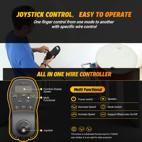 Joystick controller for Heavy Duty Powered Electric Track Stair Climber Hand Truck Dolly, showing function display and controls.