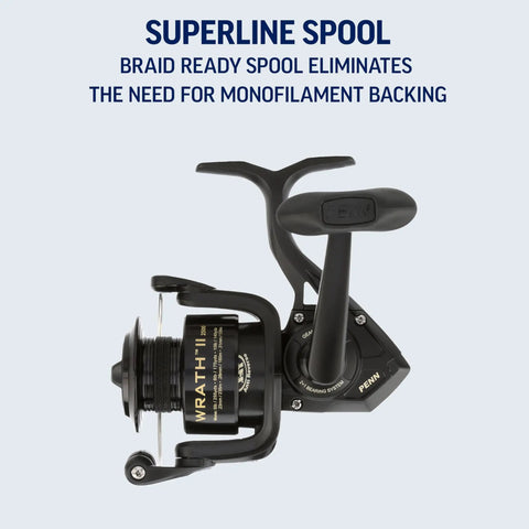 Wrath II Saltwater Spinning Reel 3000 Size with reversible handle, corrosion resistant graphite body, anodized aluminum spool.