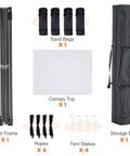 Components of 10x10 Ft Pop Up Canopy Tent For Camping Parties And Outdoor Events Easy Up Instant Shelter, including steel frame, canopy top, sand bags, ropes, stakes, and storage bag.