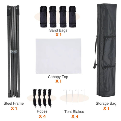 Components of 10x10 Ft Pop Up Canopy Tent For Camping Parties And Outdoor Events Easy Up Instant Shelter, including steel frame, canopy top, sand bags, ropes, stakes, and storage bag.
