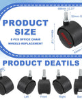 Product size chart for 8 Pack 2 Inch Nylon Office Chair Wheels Replacement, showing dimensions and different angles of casters.
