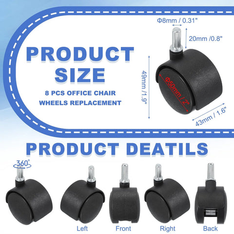 Product size chart for 8 Pack 2 Inch Nylon Office Chair Wheels Replacement, showing dimensions and different angles of casters.