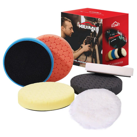 Six-Piece Polishing Pad Kit For Car Detailing With Sponge And Wool Pads, 5.6 Inch (125mm) Pads For 5 Inch Backing Plate, Boxed