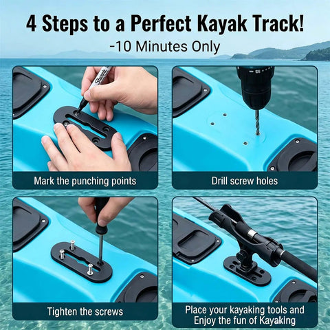 Low Profile Kayak Track Rail Mount Kit For All T Slot Rails Hook Up Your Gear With Custom Mount Points For Fishing Rod Holder, Fish Finder, Cup Holder, Paddle Holder, Anchor Cleats And Other Kayak Accessories 4 Inch 4 Pack installed on kayak