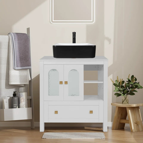 Bathroom vanity with white cabinet featuring Champagne Bronze Cabinet Knobs Set 10 Pack For Kitchen Cabinets And Drawers, brushed square design.