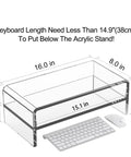 Clear Acrylic Monitor Stand Riser 2 Tier Up To 5.12 Inches High For Laptop And PC Desk Organizer with dimensions and keyboard.