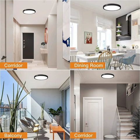 4 Pack LED Flush Mount Ceiling Lights 20W 12 Inch Black Ultra Slim With 5 CCT Selectable Color Temperature Options in various rooms