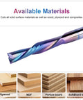 5-Piece Carbide Spiral Downcut CNC Router Bits Set With One Eighth Inch Shank And One Eighth Inch Cutting Diameter, shown on wood