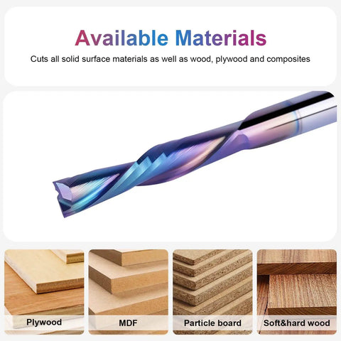 5-Piece Carbide Spiral Downcut CNC Router Bits Set With One Eighth Inch Shank And One Eighth Inch Cutting Diameter, shown on wood