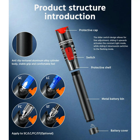 Built Tough Visual Fault Locator For Fiber Optic Cable Inspection Up To Fifty Km Range With Plug And Play Connector Fit and displays features like protective cap and metal battery bin.