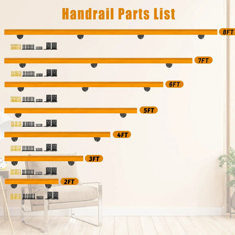 Indoor Stair Wood Handrail Kit 2ft Non Slip Pine Railing Complete Rail System parts list illustration