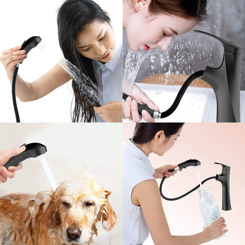 Matte Black Vessel Sink Faucet With Pull Out Hose Tall High Arc Single Hole Design 3-Mode Pull-Down Sprayer in use