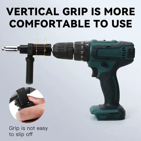 Pop Rivet Gun Adapter Kit With Four Head Sizes 2.4mm 3.2mm 4.0mm And 4.8mm Drill Attachment Aluminum Alloy Riveting Nut Tool Universal Fit No Brainer Quick Setup For Smooth Riveting On Metal Plastic And More, vertical grip use