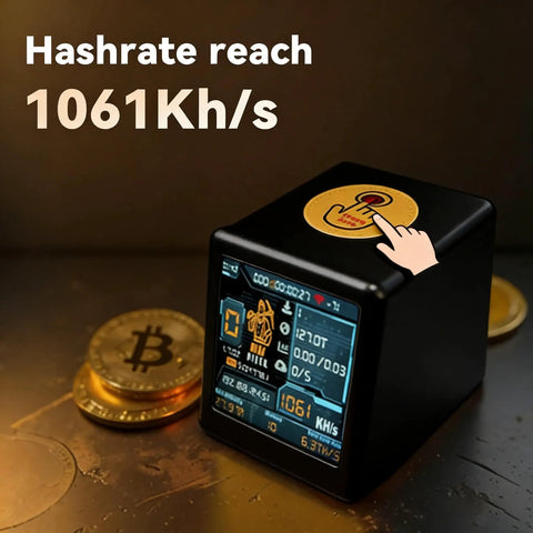 Upgraded All-In-One Bitcoin Miner And Smart Crypto Clock With 1060 KHs Solo Mining, showing display and touch icon