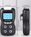 Portable 4 In 1 Gas Detector Monitor with Digital LCD Display showing gas levels, rechargeable, compact black design, side view dimensions