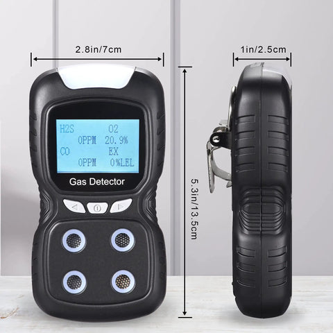 Portable 4 In 1 Gas Detector Monitor with Digital LCD Display showing gas levels, rechargeable, compact black design, side view dimensions