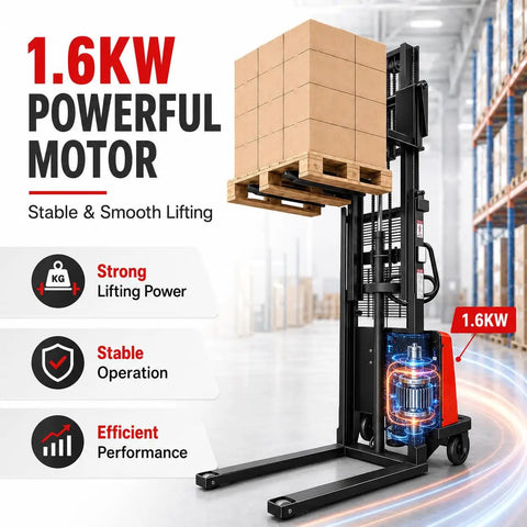 Heavy Duty Carbon Steel Semi Electric Pallet Stacker With 1.6KW Motor And 3500 Lb Capacity lifting pallets in a warehouse.
