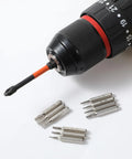 Close-up of a drill with assorted bits from the 10 Piece Torx Bit Set With 28mm Long Bits, Precision S2 Alloy Steel, T1 To T10, HRC 58 To 62.