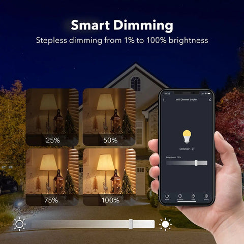 Smartphone controls outdoor smart dimmer plug for string lights and LED filament halogen lamps with app, showing dim levels.