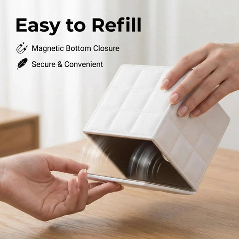 Person opening Leather Square Tissue Box Cover With Magnetic Closure For Bathroom Vanity And Desk Modern White Grid Organizer