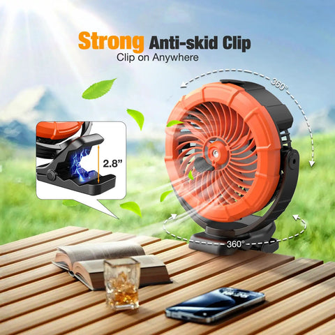 Portable Misting Clip On Fan With 100ml Water Tank LED Light 360 Degree Rotating Spray USB Rechargeable Battery shown on table