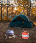 Portable Camping Gas Stove With 1Lb Propane Tank Adapter in front of a tent for outdoor hiking and cooking.