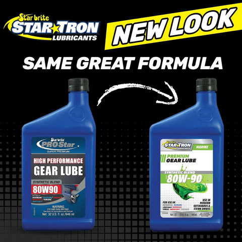 New and old Star Tron Premium Synthetic Blend 80W-90 Gear Lube bottles, marine grade, 32 oz, for outboard motors, API GL-5 protection.