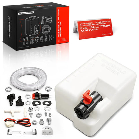Top Shelf Universal Windshield Washer Pump And Fluid Reservoir Tank Bottle Kit With Slick 12 Volt Motor with installation manual and accessories.