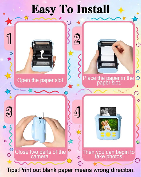 Kids Camera Instant Print Paper Refill, BPA Free and Non Toxic, 20 Rolls of Safe Odor Free Photo Paper for Easy Kid Friendly Snapshots and Quick Print Fun with Every Click; paper loading steps