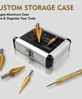Step Drill Bit Set 50 Sizes Titanium Coated High Speed Steel Unibit with case and automatic center punch on display