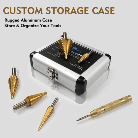 Step Drill Bit Set 50 Sizes Titanium Coated High Speed Steel Unibit with case and automatic center punch on display