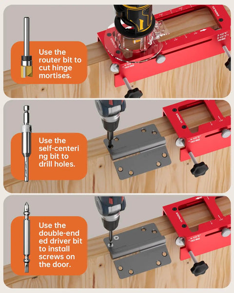Heavy Duty Door Hinge Jig And Lock Installation Kit Solid Aluminum Router Template For Hinge Mortising And Knob Drilling Built Tough Weekend Warrior Tool Set in use with router and drill bits.