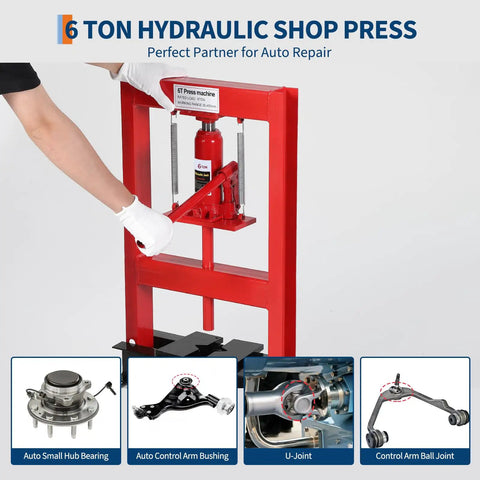 Person using 6 Ton Hydraulic Shop Press H Frame With 4 Position Adjustable Height, Movable Plates And Dust Cover, Heavy Duty Build