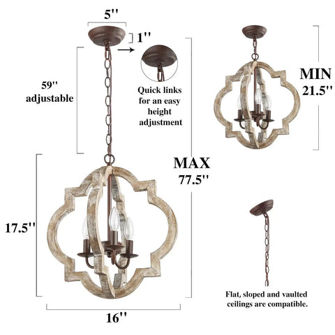Cozy Farmhouse Orb Chandelier Handmade From Solid Wood With Openwork Quatrefoil And Bronze Rustic Arms, dimensions shown