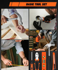 139 Piece Tool Set With 8V Cordless Drill Driver In Sturdy Toolbox Case, showing tools in use and organized layout