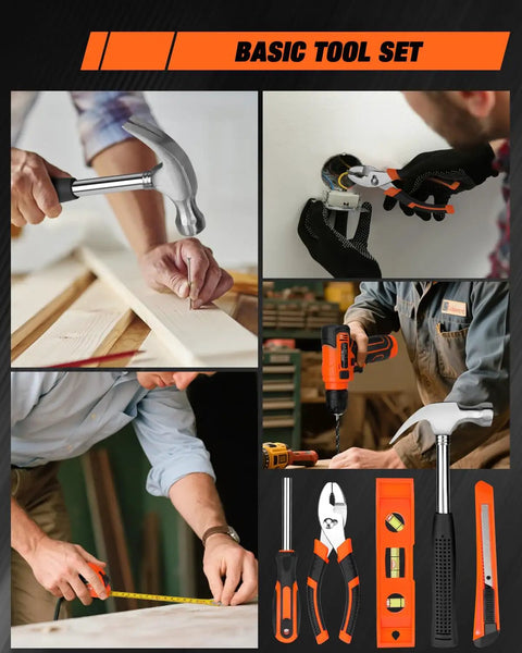 139 Piece Tool Set With 8V Cordless Drill Driver In Sturdy Toolbox Case, showing tools in use and organized layout