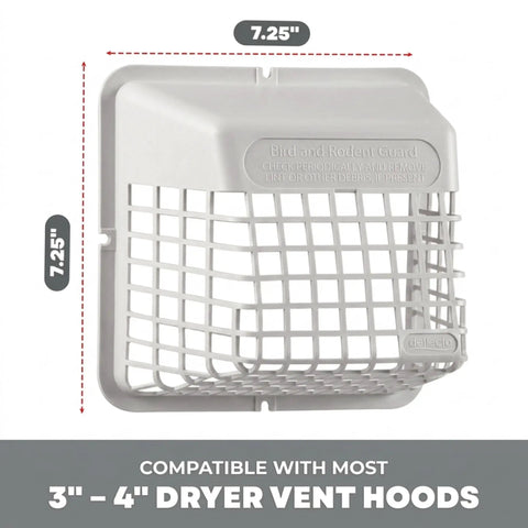 Universal Outdoor Vent Bird Guard For 3 To 4 Inch Dryer And Bath Exhaust Covers in white plastic with mesh design