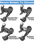 Different models of rear derailleur for mountain and road bikes, 7 8 9 10 11 speed compatibility, direct mount, steel body.