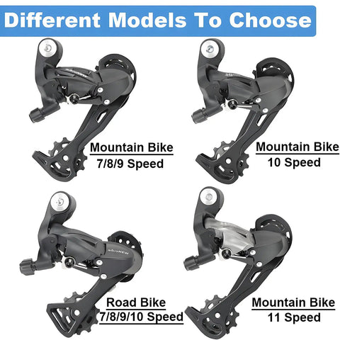 Different models of rear derailleur for mountain and road bikes, 7 8 9 10 11 speed compatibility, direct mount, steel body.