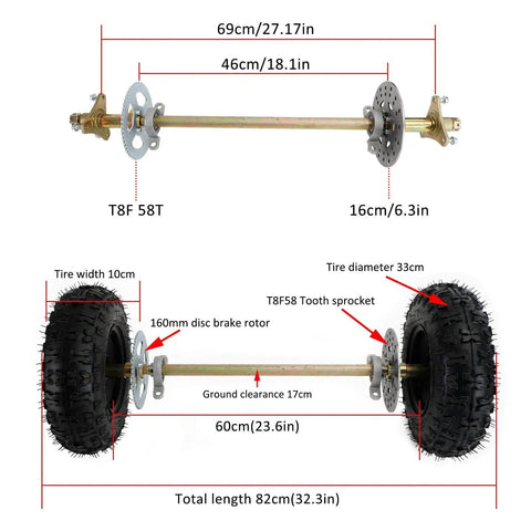 29 Inch Rear Axle Assembly Wheel Hub Kit For Go Kart Quad Trike Drift Bike Builds Complete DIY Replacement Beefed Up Rear End Parts For Street Track And Off Road Fun shown with measurements and components.